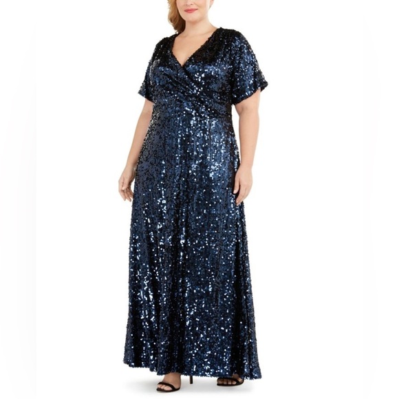 NWT Plus Size Calvin Klein Short Sleeve Navy Blue Sequin Evening Gown Size 20W - Picture 1 of 7